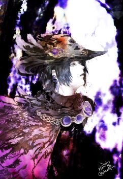 1girl black_hair black_hat chain chain_earrings commentary_request copyright_name earrings final_fantasy final_fantasy_xiv hat hat_feather hyur jewelry looking_up open_mouth purple_eyes ruka_(blueplus84) short_hair solo twitter_username zero_(ff14)