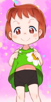 1girl bike_shorts black_shorts brown_eyes brown_hair cameltoe character_request closed_mouth clothes_lift commentary_request commission copyright_request dress dress_lift feet_out_of_frame flat_chest green_dress heart highres lifting_own_clothes loli looking_at_viewer navel outie_navel short_hair short_shorts shorts skeb_commission smile solo standing straight-on teruki_kuma toddlercon very_short_hair