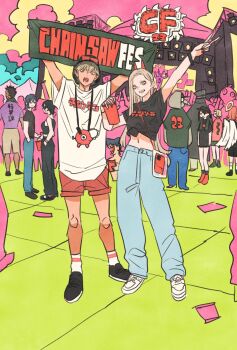 Rule 34 | 4girls, 6+boys, angel devil (chainsaw man), arm up, back, beam (chainsaw man), black hair, black shirt, blonde hair, bracelet, chainsaw man, commentary request, cup, denim, denji (chainsaw man), full body, future devil (chainsaw man), hand in pocket, hat, hayakawa aki, higashiyama kobeni, highres, himeno (chainsaw man), hirokazu arai (chainsaw man), holding, holding cup, hood, hoodie, horns, jeans, jewelry, katana man (chainsaw man), long hair, looking at viewer, mask, multiple boys, multiple girls, pants, pink sky, pochita (chainsaw man), power (chainsaw man), purple shirt, red hair, red horns, sawatari akane (chainsaw man), sharp teeth, shirt, short hair, shorts, sky, socks, takeuchi ryousuke, teeth, tomato devil (chainsaw man), v, violence fiend (chainsaw man), white shirt, white wings, wings