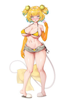 +_+ 1girl absurdres bikini blonde_hair blue_eyes blue_hair blush bombergirl bow breasts condom condom_wrapper elbow_gloves full_body fuse_tail gloves grenade_hair_ornament highres jingb_dx large_breasts light_blue_hair micro_bikini micro_shorts multicolored_hair navel pine_(bombergirl) raised_eyebrow shorts side-tie_bikini_bottom slippers smile solo stomach swimsuit tail tail_bow tail_ornament two-tone_hair white_background yellow_bikini yellow_gloves