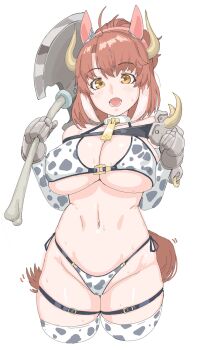 1girl alternate_costume animal_ears animal_print axe bell belt bikini bow bracelet breasts brown_hair clenched_hand collar commentary_request cow_print cow_print_bikini cow_print_thighhighs dantsu_flame_(umamusume) ear_covers ear_ribbon gloves highres holding holding_axe holding_weapon horse_ears horse_girl horse_tail huge_breasts jewelry multicolored_hair navel neck_bell open_mouth pink_belt print_bikini print_thighhighs red_collar short_hair side-tie_bikini_bottom simple_background smile solo standing stomach swimsuit tail thigh_strap thighhighs two-tone_hair umamusume weapon white_background white_gloves white_hair white_thighhighs zenchou24cm