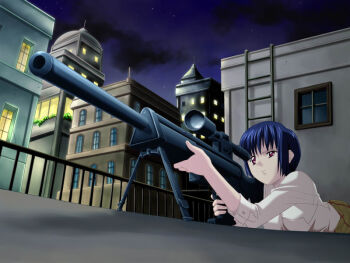 1girl assassin_lesson_kioku_no_youin_shoujo blue_hair female_focus game_cg gun h&amp;k_psg1 heckler_&amp;_koch night outdoors rifle scope short_hair sky sniper sniper_rifle sniping solo weapon