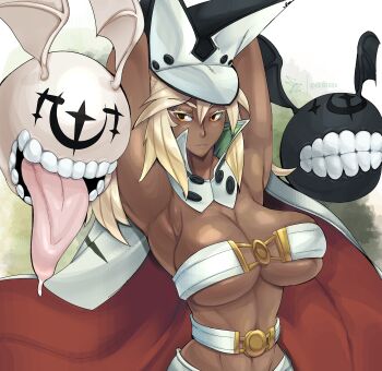1girl abs absurdres alternate_breast_size_(larger) armpits arms_up belt blonde_hair breasts cleavage cloak dark_skin familiar floating floating_object geistbox guilty_gear hat highres large_breasts looking_at_viewer monster muscular muscular_female ramlethal_valentine teeth tongue underboob yellow_eyes