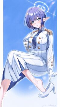 1girl absurdres aoi_(blue_archive) arm_at_side artist_name blue_archive blue_background blue_eyes blue_hair blue_necktie blush border buttons closed_mouth commentary_request dated double-breasted ear_blush eyes_visible_through_hair foot_out_of_frame gloves hair_between_eyes halo hand_up high-waist_skirt high_heels highres invisible_chair jacket long_pointy_ears long_skirt long_sleeves looking_at_viewer necktie outside_border pleated_skirt pointy_ears shangdi_de_fa_zhang shoe_dangle short_hair simple_background sitting skirt slit_pupils smile socks solo split_mouth sweat white_border white_gloves white_halo white_jacket white_skirt white_socks