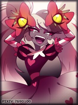 1girl arms_up belt big_hair black_border black_nails border bow brown_dress brown_hair colored_sclera commentary_request dark-skinned_female dark_skin dress elbow_gloves eyeshadow fangs fewer_digits frilled_sleeves frills from_below gloves half-closed_eyes halftone hazbin_hotel heart heart_print hellaverse highres holding holding_unworn_clothes long_hair looking_down lower_eyelashes_only makeup menattou multicolored_hair nail_polish open_mouth pink_belt pink_eyeshadow pink_gloves pink_hair pixiv_id prototype_design puff_and_slash_sleeves puffy_short_sleeves puffy_sleeves raised_inner_eyebrows red_bow red_sclera scar_across_eyes short_sleeves simple_background solo streaked_hair striped_clothes striped_gloves swept_bangs teeth tongue tsurime twintails two-tone_gloves upper_body upper_teeth_only velvette_(hazbin_hotel) very_dark_skin very_long_hair white_background white_eyes white_gloves white_hair yellow_sclera