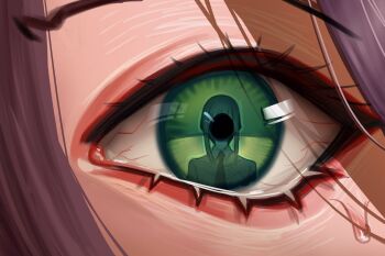 1girl chainsaw_man close-up commentary drugsandsocks english_commentary eye_reflection green_eyes highres makima_(chainsaw_man) purple_hair reflection reze_(chainsaw_man) sweat