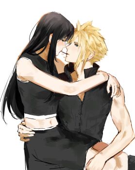 Rule 34 | 1boy, 1girl, arms around neck, bare arms, bare shoulders, black hair, black shirt, black shorts, blonde hair, blue eyes, blush, cloud strife, commentary, couple, crop top, earrings, english commentary, feet out of frame, final fantasy, final fantasy vii, final fantasy vii: advent children, food, food in mouth, hand on another's hip, heart, hetero, highres, incoming kiss, incoming pocky kiss, jewelry, long hair, looking at another, midriff, midriff peek, navel, pocky, pocky in mouth, ring, shirt, shorts, sitting, sitting on lap, sitting on person, sleeveless, sleeveless shirt, spiked hair, stud earrings, sweatdrop, tifa lockhart, wa6gma, white background