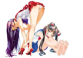 2girls absurdres akebi-chan_no_serafuku akebi_komichi barefoot bent_over between_toes bishoujo_senshi_sailor_moon black_hair commentary_request cosplay crossover fingers_between_toes grin high_heels highres jewelry kitagawa_marin leotard leotard_peek long_hair looking_at_viewer multiple_girls one_eye_closed pp_bj sailor_mars sailor_mars_(cosplay) sailor_moon sailor_moon_(cosplay) simple_background smile sono_bisque_doll_wa_koi_wo_suru twintails underwear upskirt very_long_hair