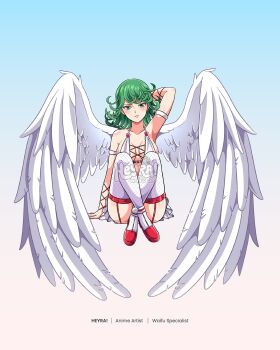 1girl alternate_breast_size_(larger) angel_wings arm_behind_head artist_name bikini bikini_top_only breasts cleavage commentary commission criss-cross_straps english_commentary fishnet_thighhighs fishnets garter_straps green_eyes green_hair heyreza.art highres medium_breasts miniskirt one-punch_man red_shoes shoes skirt solo swimsuit tatsumaki thigh_strap thighhighs watermark white_bikini white_skirt white_thighhighs wings