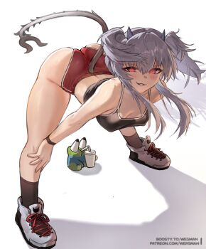 1girl ass bent_over black_shorts black_tank_top breasts buruma cleavage covered_erect_nipples crop_top demon_girl demon_horns heart heart-shaped_pupils highres horns indie_virtual_youtuber long_hair looking_at_viewer lucy_pyre naughty_face red_buruma red_eyes shoes shorts smile sneakers symbol-shaped_pupils tail tank_top thick_thighs thighs twintails virtual_youtuber wersman white_background white_hair
