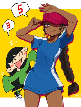 2girls ^_^ baseball_cap black_hair blue_shirt blush_stickers braid brown_eyes closed_eyes codename:_kids_next_door commentary dark-skinned_female dark_skin english_commentary galois green_sweater hair_tie hat highres multiple_girls numbuh_3 numbuh_5 shirt shoes single_braid sleeves_past_fingers sleeves_past_wrists sneakers sweater
