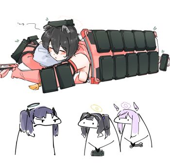 4girls animal_ears ballistic_shield bare_shoulders black_hair blue_archive blush breasts closed_eyes elbow_gloves era_bricks_(meme) floating_headgear florks flukhan gloves gun halo headgear hibiki_(blue_archive) highres long_hair medium_breasts meme multiple_girls purple_hair raccoon_ears reactive_armor red_gloves shield sideboob sideless_outfit skorpion_vz._61 sleeping submachine_gun tsubaki_(blue_archive) utaha_(blue_archive) weapon yuuka_(blue_archive)