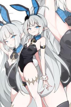 Rule 34 | 1girl, ahoge, animal ear hairband, animal ears, armband, black armband, black leotard, blue collar, blue eyes, blue hairband, blush stickers, breasts, closed mouth, collar, commentary, covered navel, detached collar, fake animal ears, fake tail, female tyrant (stella sora), grey hair, hair ornament, hairband, highres, huge ahoge, jewelry, key, key necklace, leotard, light smile, looking at viewer, multiple views, necklace, nezumin, playboy bunny, pointy ears, rabbit ears, rabbit tail, small breasts, stella sora, tail, thigh gap, thigh strap, tyrant (stella sora), white wrist cuffs, wrist cuffs
