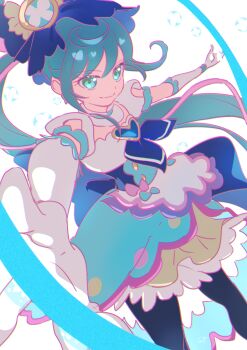 1girl absurdres apron aqua_eyes aqua_hair back_bow black_pantyhose blue_bow blue_choker blue_corset blue_neckerchief blue_skirt bow bow_apron brooch buttons choker closed_mouth clothing_cutout corset cowboy_shot cure_spicy delicious_party_precure elbow_gloves eyelashes floating_clothes floating_hair food-themed_clothes frilled_choker frilled_gloves frilled_skirt frilled_sleeves frills fuwa_kokone gloves hair_bow hair_ornament heart heart_brooch highres jewelry large_bow layered_skirt long_hair looking_ahead loose_hair_strand magic magical_girl multicolored_hair neckerchief outstretched_arms pantyhose pink_bow pink_hair pleated_skirt precure puffy_short_sleeves puffy_sleeves shipu_(gassyumaron) shirt short_sleeves shoulder_cutout side_ponytail skirt smile solo standing streaked_hair train_(clothing) tsurime two-tone_hair very_long_hair waist_apron watch wavy_hair white_apron white_background white_gloves white_shirt wristwatch yellow_skirt