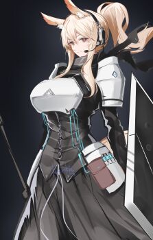 1girl absurdres animal_ear_fluff animal_ears arknights armor black_dress blonde_hair breastplate breasts chinese_commentary commentary_request cowboy_shot dress grey_background hair_between_eyes headset highres holding holding_shield holding_weapon horse_ears horse_girl horse_tail huge_breasts implied_extra_ears long_hair looking_at_viewer madana_gege nearl_(arknights) orange_eyes ponytail shield shoulder_armor signature simple_background smile solo tail weapon