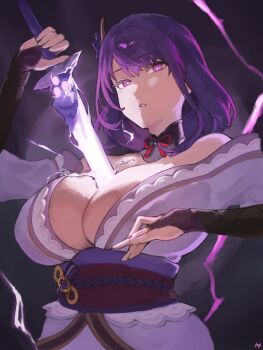 1girl arm_up artist_name bare_shoulders black_bridal_gauntlets black_collar breasts bridal_gauntlets collar commentary_request drawing_sword electricity flower fukuya_art genshin_impact hair_flower hair_ornament hand_up highres holding holding_sword holding_weapon huge_breasts human_scabbard japanese_clothes katana kimono long_hair looking_at_viewer mole mole_under_eye musou_isshin_(genshin_impact) obi obijime off_shoulder parted_lips purple_eyes purple_flower purple_hair purple_kimono raiden_shogun sash solo sword upper_body weapon white_background