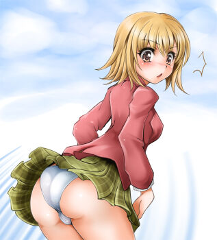 1041_(toshikazu) 1boy ass blazer blonde_hair blush bulge jacket male_focus panties pretty_face randou_masashi school_uniform solo surprised trap underwear upskirt white_panties yellow_eyes