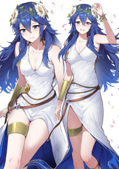 Rule 34 | 1girl, ameno (a meno0), armlet, bare shoulders, blue eyes, blue hair, blush, bracelet, breasts, cleavage, closed mouth, collarbone, commentary request, dress, fire emblem, fire emblem awakening, fire emblem heroes, flower, hair between eyes, hair flower, hair ornament, head wreath, jewelry, long hair, looking at viewer, lucina (fire emblem), lucina (valentine) (fire emblem), medium breasts, multiple views, nintendo, official alternate costume, parted lips, petals, sleeveless, sleeveless dress, smile, thighlet, white dress