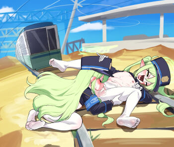 2girls absurdres ahegao bar_censor blazer blue_archive blue_hat blue_jacket censored closed_eyes clothes_lift cunnilingus day earrings eyebrows eyelashes female_ejaculation female_focus female_orgasm flat_chest from_side full_body gloves green_hair green_halo halo hand_on_another's_head hand_on_another's_thigh hat highres hikari_(blue_archive) imminent_death incest jacket jacket_lift jewelry knees_up kodomo_doushi loli long_hair long_sleeves lying multiple_girls nipples no_bra no_panties nozomi_(blue_archive) on_back on_stomach open_mouth oral orgasm outdoors pantyhose pointy_ears profile pussy rolling_eyes siblings sisters spread_legs tongue tongue_out torn_clothes torn_pantyhose train twins twintails variant_set white_gloves white_pantyhose yellow_eyes yoma_(mayo) yuri