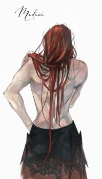 1boy ajsaart character_name cowboy_shot facing_away from_behind hair_over_shoulder hand_on_own_hip hand_on_own_shoulder highres long_hair lord_of_the_mysteries male_focus medici_(lord_of_the_mysteries) muscular muscular_male no_shirt red_hair solo