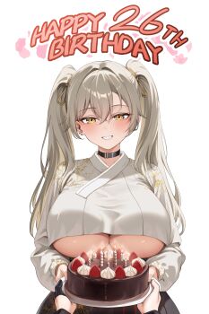 1girl 1other 4ddd absurdres balloon birthday birthday_cake blonde_hair breasts cake candle chocolate choker commission english_text food fruit hair_ribbon happy_birthday highres holding large_breasts long_hair original pale_skin pixiv_commission pov ribbon solo strawberry tsurime twintails underboob whipped_cream white_background yellow_eyes