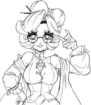 \n/ bare_shoulders breasts cleavage glasses hair_bun highres large_breasts looking_at_viewer nintendo purah sheikah sketch teevo the_legend_of_zelda the_legend_of_zelda:_tears_of_the_kingdom