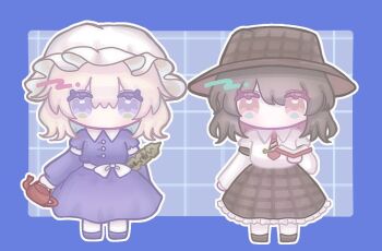 Rule 34 | 2girls, black hair, black hat, black shoes, black skirt, blonde hair, blue border, book, border, bow, buttons, chibi, collared dress, collared shirt, commentary, diagonal-striped clothes, diagonal-striped necktie, dress, english commentary, frilled skirt, frills, full body, ghostly field club, grid background, hat, holding, holding book, holding teapot, long sleeves, maribel hearn, mob cap, multiple girls, necktie, open book, plaid clothes, plaid skirt, purple dress, purple eyes, purple shoes, red eyes, red necktie, shirt, shirt tucked in, shoes, skirt, sleepwalk zzz, sotoba, straight-on, striped clothes, teapot, tie clip, touhou, usami renko, waist bow, white hat, white shirt