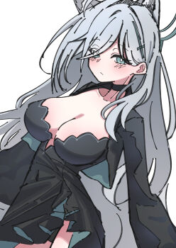 1girl absurdres animal_ear_fluff animal_ears black_choker black_dress blue_archive blue_eyes blue_halo breasts choker cleavage closed_mouth commentary_request cross_hair_ornament dress extra_ears grey_hair hair_ornament hair_over_one_eye halo highres large_breasts long_hair looking_at_viewer sainarohh shiroko_terror_(blue_archive) solo very_long_hair wolf_ears wolf_girl