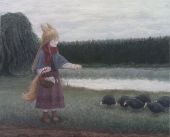 1girl absurdres animal_ears basket bird blonde_hair boots braid braided_ponytail brown_boots capelet commentary coot_(animal) diu9you english_commentary grass hair_between_eyes highres holding holding_basket open_mouth original outdoors overcast painting_(medium) pond purple_skirt red_scarf scarf single_braid skirt sky solo standing tail traditional_media tree water willow