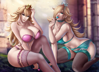 2girls absurdres aqua_eyes artist_logo blonde_hair blue_eyes bra bra_lift breasts brown_lips candy cleavage clothes_lift crown female_focus flowerxl food garter_belt highres kneeling light_blue_lingerie lingerie logo lollipop long_hair looking_at_viewer mario_(series) multiple_girls nintendo outdoors pale_skin panties pink_lips princess princess_peach rosalina seductive_smile sitting smile thick_female thick_thighs thighhighs thighs underwear