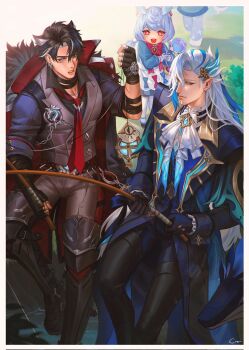 1girl 1other 2boys apron ascot asymmetrical_bangs bandaged_arm bandaged_neck bandages belt black_bandages black_gloves black_hair blue_coat blue_eyeliner blue_eyes blue_gemstone blue_hair boots border bow bowtie brooch closed_mouth coat coat_on_shoulders crovius day dress ear_piercing earrings eyeliner facial_scar feather_hair_ornament feathers fingerless_gloves fishing fishing_line fishing_rod flower frilled_sleeves frills fur-trimmed_coat fur_trim furry gem genshin_impact gloves grey_hair grey_pants grey_vest hair_between_eyes hair_ornament highres holding holding_fishing_rod holding_flower jewelry lips long_hair long_sleeves looking_at_another looking_at_object makeup male_focus melusine_(genshin_impact) multicolored_hair multiple_boys multiple_scars necktie neuvillette_(genshin_impact) non-humanoid_robot open_mouth outdoors pants piercing pointy_ears red_eyes red_necktie robot robot_animal robot_fish scar scar_on_arm scar_on_cheek scar_on_face scar_on_neck shirt short_hair sigewinne_(genshin_impact) smile standing streaked_hair stud_earrings thigh_boots twintails two-sided_coat two-sided_fabric two-tone_hair very_long_hair vest walking water white_ascot white_border white_hair wriothesley_(genshin_impact)