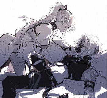 2girls bai_yi_(path_to_nowhere) breasts commentary_request ear_piercing hand_on_another&#039;s_stomach hand_on_another&#039;s_thigh long_hair medium_breasts mouth_visible_through_hair multiple_girls path_to_nowhere piercing ponytail rekka sideboob tattoo very_long_hair yuri zoya_(path_to_nowhere)