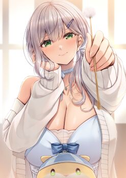 Rule 34 | 1girl, absurdres, babydoll, blue babydoll, blush, breasts, cardigan, cleavage, green eyes, grey hair, hair ornament, hairclip, highres, hololive, huge breasts, jewelry, kamishiro mai (capti-no), looking at viewer, mimikaki, necklace, open cardigan, open clothes, shirogane noel, shirogane noel (9th costume), smile, solo, upper body, virtual youtuber
