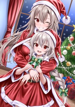 2girls :d ;d absurdres alternate_costume arms_around_neck belt blurry blurry_background blush bow braid braided_ponytail breasts brown_belt chest_bow child christmas christmas_ornaments christmas_present christmas_tree cloak commentary cowboy_shot dress dutch_angle english_commentary eydis_(sao) gift green_bow grin hair_between_eyes hair_bow hat highres hug hug_from_behind indoors long_hair long_sleeves looking_at_viewer mary_(sao) medium_breasts messy_hair mixed-language_commentary multiple_girls night one_eye_closed open_mouth phanuchan pom_pom_(clothes) red_cloak red_dress red_eyes red_hat red_shrug santa_costume santa_hat shrug_(clothing) siblings sisters smile standing sword_art_online sword_art_online:_alicization sword_art_online:_unleashed_blading teeth tongue upper_teeth_only wide_sleeves window