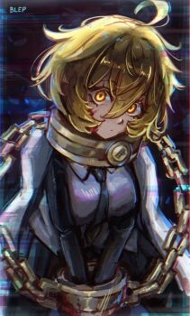 1girl ahoge artist_name black_necktie bleparts blonde_hair breasts chain collar commentary cowboy_shot cuffs cuffs-to-collar don_quixote_(project_moon) english_commentary expressionless hair_between_eyes highres index_(identity)_(project_moon) limbus_company looking_at_viewer necktie project_moon short_hair solo yellow_eyes