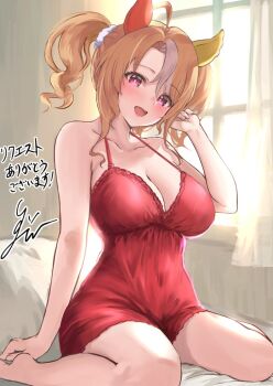 1girl :d ahoge animal_ears babydoll barefoot blonde_hair breasts cleavage collarbone commentary_request commission covered_navel curtains fusaichi_pandora_(umamusume) hair_ornament hair_scrunchie hand_in_own_hair hand_up horse_ears horse_girl large_breasts looking_at_viewer medium_hair multicolored_hair open_mouth purple_eyes red_babydoll scrunchie sg_(esujii) signature sitting skeb_commission smile solo spaghetti_strap streaked_hair twintails umamusume wariza white_background window