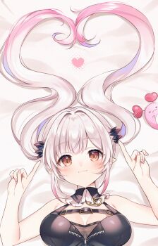 1girl absurdres bare_arms bed_sheet belt black_belt black_bustier black_collar breast_strap breasts bustier chest_belt closed_mouth collar commentary_request demon_girl detached_collar frilled_collar frills gradient_hair hair_spread_out heart highres indie_virtual_youtuber large_breasts long_hair looking_at_viewer lying multicolored_hair on_back on_bed orange_eyes pink_hair pink_nails pointing pointy_ears small_horns smile solo suou_patra suou_patra_(11th_costume) torimarururu twintails virtual_youtuber zipper