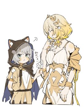 2girls aglaea_(honkai:_star_rail) animal_ear_fluff animal_ears bare_shoulders belt blonde_hair bracelet cape cat_ears child cipher_(honkai:_star_rail) cipher_(in_pursuit_of_the_wind)_(honkai:_star_rail) cloak closed_eyes commentary_request dress floral_print flower greco-roman_clothes grey_hair holding holding_flower honkai:_star_rail honkai_(series) hood hooded_cloak jewelry laurel_crown mature_female multiple_girls nail_polish nanase_(nanataroo_7) simple_background smile torn_cape torn_clothes white_dress