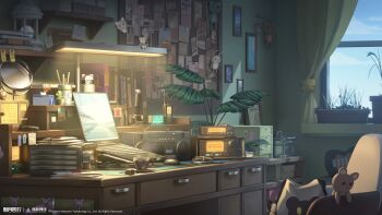 absurdres blue_sky book bulletin_board chair computer copyright_name copyright_notice cup curtains desk highres indoors lamp laptop logo mirror no_humans official_art official_wallpaper paper picture_frame plant potted_plant radio scenery sky stuffed_toy teacup window xinyue_tongxing