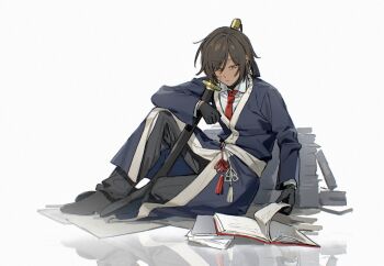 1girl 2026 black_gloves black_pants black_shoes blade_lineage_(identity)_(project_moon) book book_stack brown_eyes brown_hair closed_mouth collared_shirt dark-skinned_female dark_skin dated ear_piercing full_body gloves highres holding holding_sword holding_weapon knee_up limbus_company long_hair long_sleeves necktie open_book outis_(project_moon) pants piercing project_moon reading red_necktie reflection reflective_floor scar scar_on_face sheath sheathed shirt shoes simple_background sitting solo sword tassel uzr_akira weapon white_background white_shirt