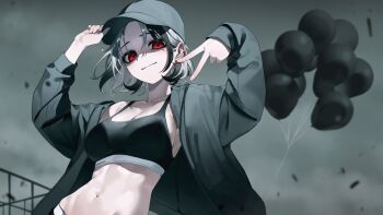 1girl absurdres baegsaeg_waesyong balloon baseball_cap black_sports_bra breasts character_name cleavage closed_mouth commentary day english_commentary grey_hair grey_hat grey_jacket grey_sky grey_theme hands_up hat highres jacket large_breasts long_sleeves looking_at_viewer multicolored_hair navel no_shirt ohwayo open_clothes open_jacket outdoors overcast project_[i] red_eyes short_hair sky solo sports_bra spot_color stomach streaked_hair unzipped upper_body v virtual_youtuber
