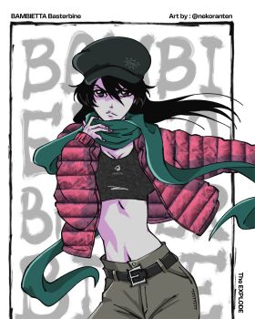 1girl absurdres bambietta_basterbine black_hair black_hat black_sports_bra bleach bleach:_sennen_kessen-hen breasts character_name cleavage coat commentary contrapposto english_commentary frown green_scarf grey_pants hat highres jacket large_breasts limited_palette midriff narrow_waist navel nekoranten open_clothes open_jacket pants red_jacket scarf serious skinny solo sports_bra twitter_username upper_body v-shaped_eyebrows winter_clothes winter_coat