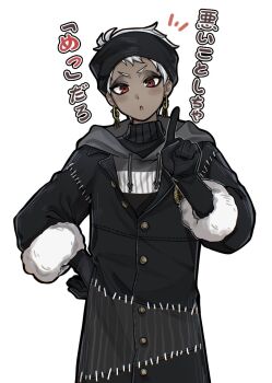 1boy :o black_eyeshadow black_gloves black_headband black_jumpsuit black_sweater blush_stickers choppy_bangs commentary_request cowboy_shot dark-skinned_male dark_skin drawstring earrings eyeshadow fur-trimmed_jumpsuit fur_trim gloves gold_earrings grey_hoodie gum_(tgrsgum) hand_on_own_hip hand_up head_tilt headband highres hood hood_down hoodie index_finger_raised jewelry jumpsuit kalim_al-asim kalim_al-asim_(nightmare_courier) looking_at_viewer lost_in_the_book_with_tim_burton's_the_nightmare_before_christmas makeup male_focus muted_color notice_lines outline partially_unbuttoned patchwork_clothes pinstripe_pattern print_hoodie red_eyes short_eyebrows short_hair simple_background solo straight-on sweater translation_request turtleneck turtleneck_sweater twisted_wonderland v-shaped_eyebrows very_short_hair white_background white_hair white_outline