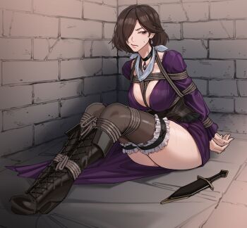 1girl absurdres arms_behind_back bdsm black_choker bondage boots bound breasts brown_eyes brown_hair choker cleavage dagger dress earrings gag hair_over_one_eye harris_hero high_heel_boots high_heels highres jewelry knife large_breasts octopath_traveler octopath_traveler_ii purple_dress rope shibari shibari_over_clothes sitting thighhighs throne_anguis unworn_gag weapon