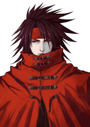 Rule 34 | 1boy, absurdres, belt buckle, black hair, buckle, cloak, closed mouth, commentary, final fantasy, final fantasy vii, final fantasy vii rebirth, final fantasy vii remake, headband, highres, kksdksms, long hair, looking at viewer, male focus, pale skin, red cloak, red eyes, red headband, solo, spiked hair, upper body, vincent valentine, white background