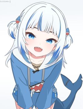 1girl absurdres animal_costume blue_eyes blue_hoodie blunt_bangs doffln90427 fins fish_tail gawr_gura gawr_gura_(1st_costume) hair_ornament highres hololive hololive_english hood hoodie leaning_forward long_sleeves looking_at_viewer multicolored_hair open_mouth shark_costume shark_girl shark_print shark_tail sharp_teeth smile solo streaked_hair tail teeth two_side_up virtual_youtuber white_background white_hair