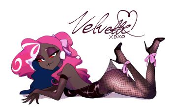 1girl ankle_ribbon ass black_leotard black_shoes breasts dark-skinned_female dark_skin elbow_gloves fishnet_pantyhose fishnets gloves hazbin_hotel hellaverse high_heels highres hooked_on_heel lace_pantyhose_hooked_on_heel_(meme) leg_ribbon leotard long_hair looking_at_viewer lying meme on_stomach pantyhose pink_hair pink_ribbon ribbon shoes simple_background solo velvette_(hazbin_hotel) white_background white_hair yunnzaii