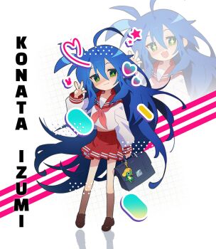 +_+ 1girl :3 ahoge ben-day_dots blue_hair briefcase brown_shoes brown_socks character_charm character_name charm_(object) different_zoom_layer heart highres izumi_konata keroro long_hair lucky_star midriff_peek picklehaterx_x pink_star rabbit_symbol ryouou_school_uniform school_briefcase school_uniform screentones shadow shoes socks star_(symbol) w white_background