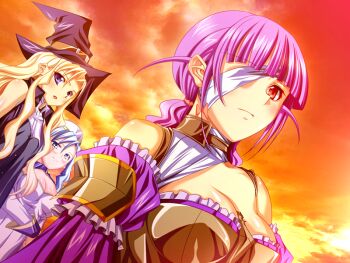 3girls agnes_ardbeg_augustus blonde_hair blue_eyes blue_hair blush braid cleo_cragganmore game_cg glasses hairband harem_party hat long_hair multiple_girls pointy_ears purple_hair red_eyes single_braid sofisutia_gushigusu witch_hat