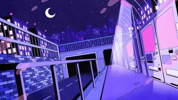 brick_wall building city_lights cityscape commentary crescent_moon dutch_angle highres lamppost light_rays moon nakazawa_ayami night night_sky no_humans original outdoors road scenery sidewalk sky skyline star_(sky) street tunnel urban vending_machine